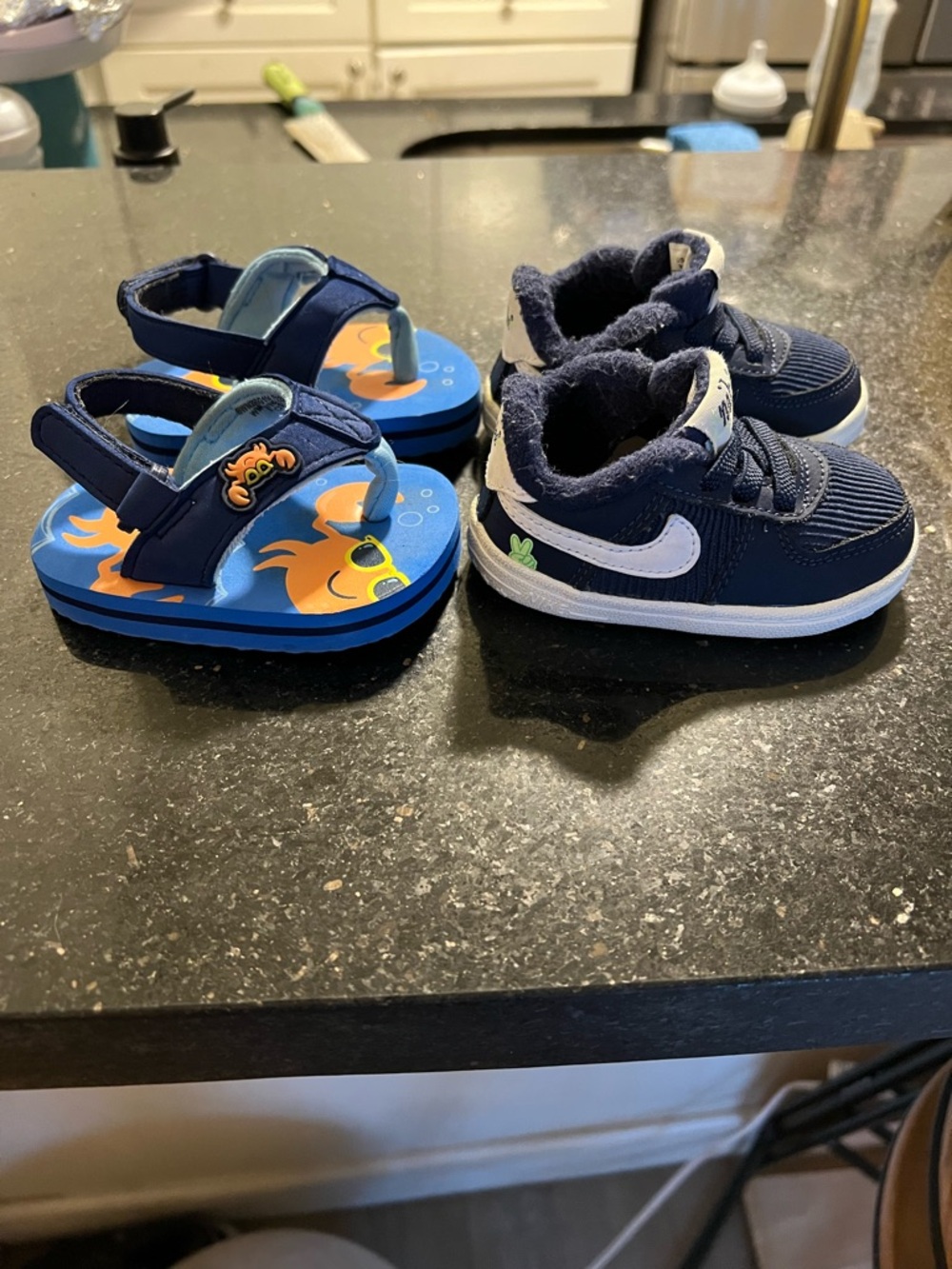 Nike Navy Toddler Sneakers with White Swoosh & Blue Shark Sandals